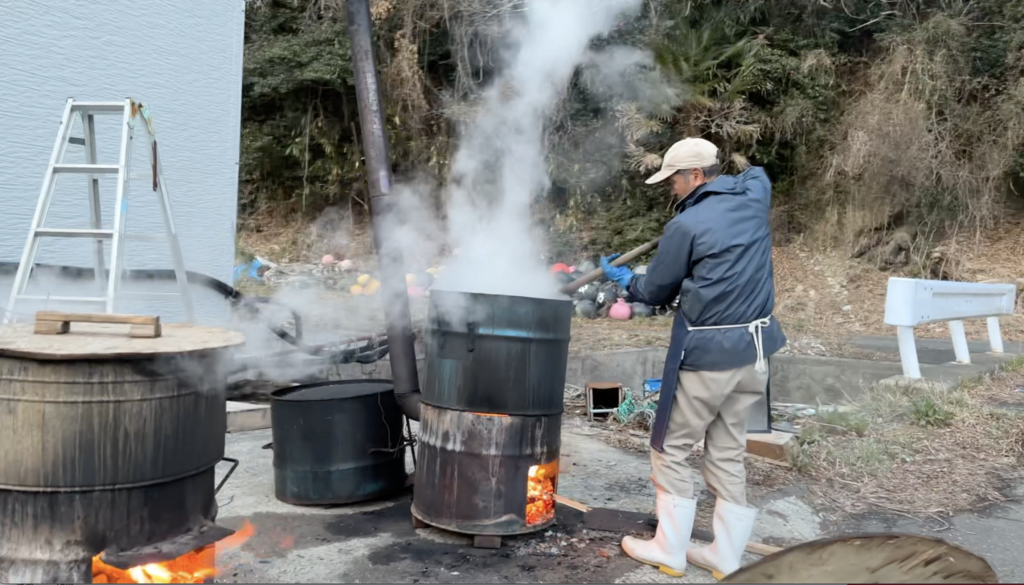 採れたばかりのひじきを湯がく漁師さん