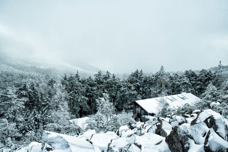 一面の雪景色。風下に雪が風花となり舞い降りてゆく。